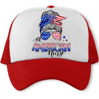 American Flag Patriotic Nurse Messy Bun 4Th Of July Trucker Cap - Seseable