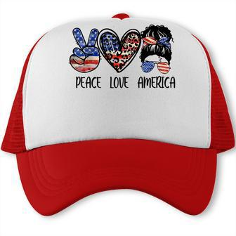 Peace Love America Messy Bun American Flag Funny 4Th Of July Trucker Cap - Seseable