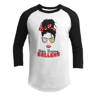 Baseball Busy Raising Ballers Momlife Mom Messy Bun Afro Mom Mothers Day Youth Raglan Shirt | Favorety UK