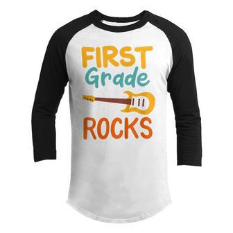 Kids 1St Grade First Grade Rocks Back To School Guitar Youth Raglan Shirt - Seseable