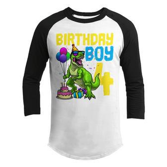Kids 4Th Birthday Boy 4 Dinosaur Themed Dino Party Youth Raglan Shirt - Seseable