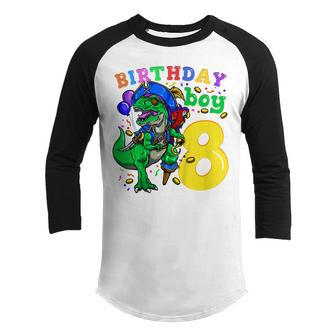 Kids 8Th Birthday Pirate Dinosaur Birthday Boy 8 Years Old Youth Raglan Shirt - Seseable