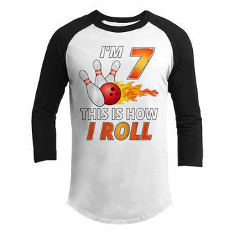 Kids Bowling Birthday 7 Year Old Boy Funny Bowler Girl Kids Youth Raglan Shirt - Seseable