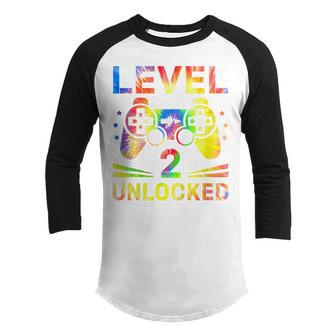Kids Tie Dye Level 2 Unlocked Gamer 2 Year Old 2Nd Birthday Youth Raglan Shirt - Seseable