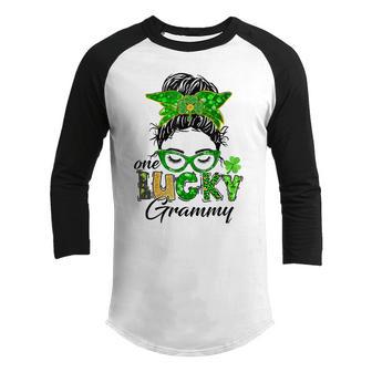 One Lucky Grammy St Patricks Day Messy Bun Mom Irish Youth Raglan Shirt | Favorety DE