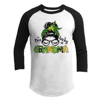 One Lucky Grandma Messy Bun Leopard St Patricks Day Youth Raglan Shirt | Favorety