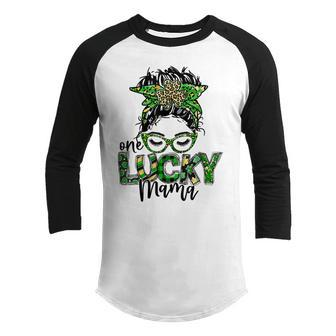 One Lucky Mama St Patricks Day Leopard Messy Bun Youth Raglan Shirt | Favorety