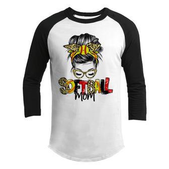 Softball Mom Leopard Messy Bun Ball Mom Mothers Day Youth Raglan Shirt | Favorety AU