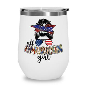All American Girl Messy Bun Usa Flag Patriotic 4Th Of July Wine Tumbler - Seseable