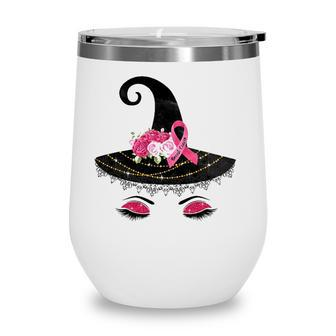 Breast Cancer Witch Hat Pink Ribbon Flower Awareness Month Wine Tumbler | Mazezy