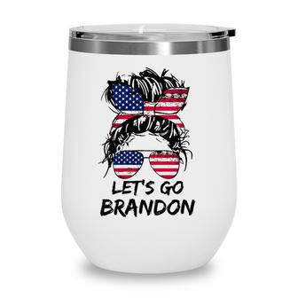 Womens Lets Go Brandon Messy Bun Us Flag Tees Wine Tumbler | Mazezy