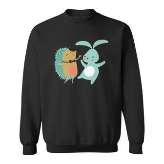 Cute Dancing Hedgehog & Rabbit Cartoon Art Sweatshirt | Mazezy
