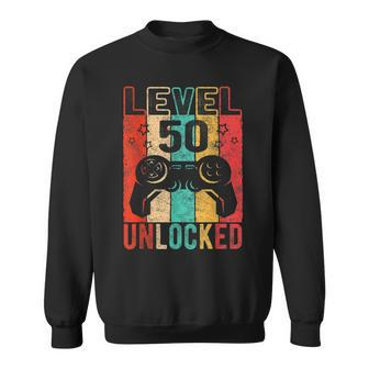 Fun 50Th Birthday Level 50 Unlocked Retro Graphic Birthday Sweatshirt - Seseable