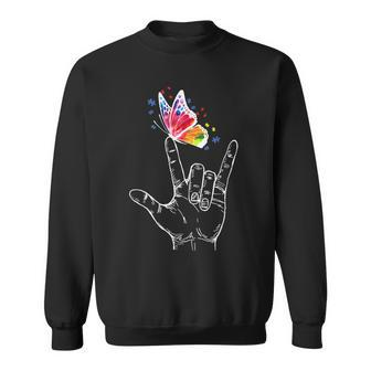 I Love You Hand Sign Language Butterfly Autism Awareness V2 Sweatshirt - Thegiftio UK