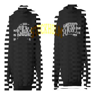 Stockholm Sweden Varsity Style Yellow Text Sweatshirt | Mazezy