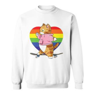 Cute Orange Tabby Cat Skateboarder Rainbow Heart Skater Sweatshirt | Mazezy DE