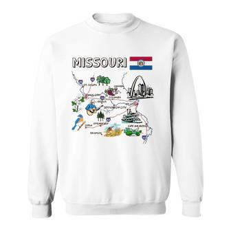 Map Of Missouri Landmarks Major Cities Roads Flag Sweatshirt | Mazezy