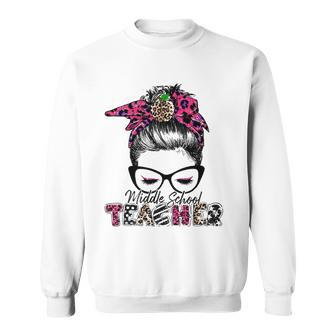Middle School Teacher Back To School Messy Hair Bun Leopard Sweatshirt - Thegiftio UK