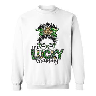 One Lucky Grammy St Patricks Day Messy Bun Leopard Sweatshirt | Favorety CA