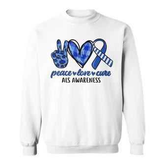 Peace Love Cure Blue & White Ribbon Als Awareness Month V2 Sweatshirt - Seseable