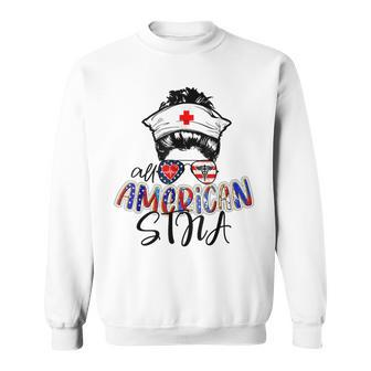 Stna All American Nurse Messy Buns Hair 4Th Of July Day Usa Sweatshirt - Seseable