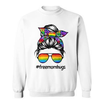 Womens Free Mom Hugs Messy Bun Lgbt Lgbtq Pride Rainbow Sweatshirt - Thegiftio UK