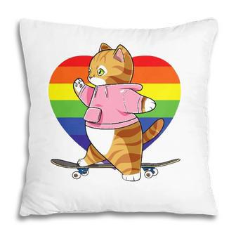 Cute Orange Tabby Cat Skateboarder Rainbow Heart Skater Pillow | Mazezy
