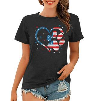 American Flag Patriotic Dog & Cat Paw Print - 4Th Of July Women T-shirt - Seseable