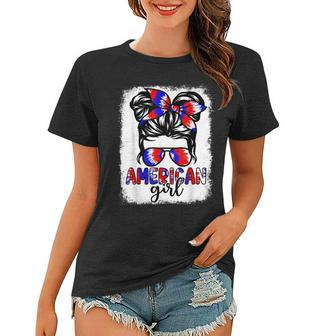 American Girl Messy Bun Tie Dye Glasses Usa Flag 4Th Of July Women T-shirt - Seseable