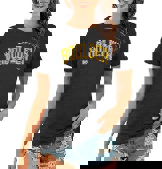 Boulder Colorado Co Varsity Style Amber Text Women T-shirt | Mazezy