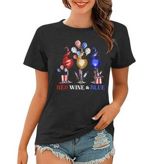 Funny Wine Glasses 4Th Of July Red White And Blue Firework Women T-shirt - Seseable