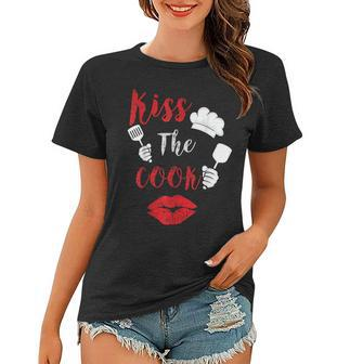 Kiss The Cook Chef Cooking Love Big Red Heart Valentines Day Women T-shirt - Seseable