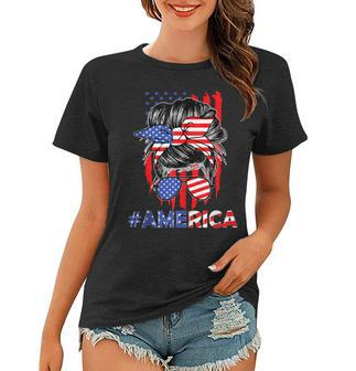 Mom Life Messy Bun America Flag Mothers Day Gift 4Th Of July Women T-shirt - Seseable