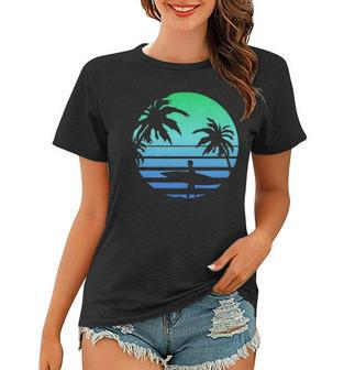 Retro Water Sport Surfboard Palm Tree Sea Tropical Surfing Women T-shirt | Mazezy