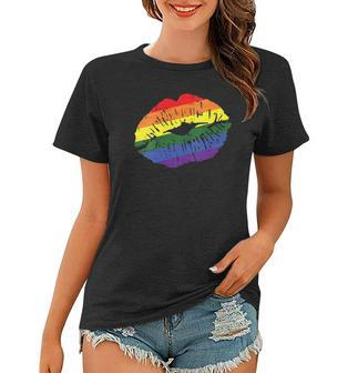Womens Gay Kiss Rainbow Pride Flag Sexy Lips Proud Lgbt Q Ally Women T-shirt | Mazezy
