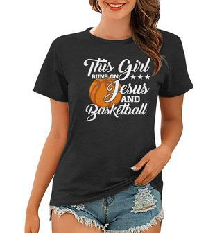 Womens This Girl Runs On Jesus And Basketball Christian Gift Women T-shirt - Thegiftio UK