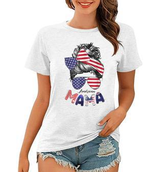 4Th Of July American Mama Messy Bun Mom Life Patriotic Mom Women T-shirt - Seseable