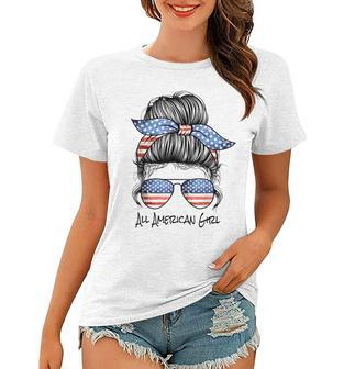 All American Girl Messy Bun American Flag 4Th Of July Women T-shirt - Seseable