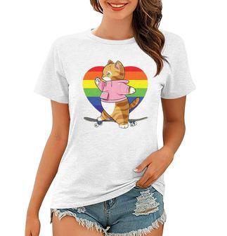 Cute Orange Tabby Cat Skateboarder Rainbow Heart Skater Women T-shirt | Mazezy