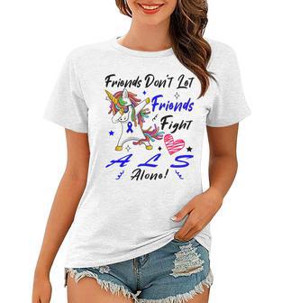 Friends Dont Let Friends Fight Als Alone Unicorn Blue Ribbon Amyotrophic Lateral Sclerosis Support Als Awareness Women T-shirt | Favorety DE