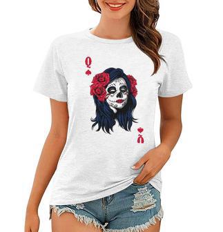 Halloween Sugar Skull With Red Floral Halloween Gift By Mesa Cute Women T-shirt | Favorety DE