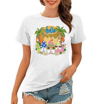 Hello Summer Vacation Garden Gnomes Beach Vibes Womens Women T-shirt | Mazezy