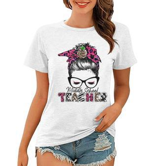 Middle School Teacher Back To School Messy Hair Bun Leopard Women T-shirt - Thegiftio UK