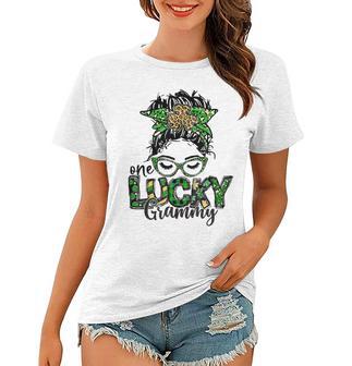 One Lucky Grammy St Patricks Day Messy Bun Leopard Women T-shirt | Favorety