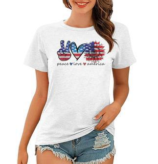 Peace Love America Flag Sunflower 4Th Of July Memorial Day Women T-shirt - Seseable