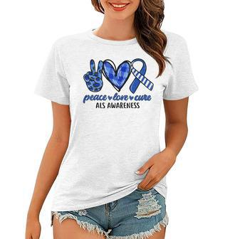 Peace Love Cure Blue & White Ribbon Als Awareness Month V2 Women T-shirt - Seseable