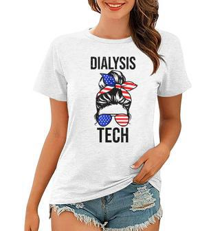 Proud Messy Bun American Dialysis Tech Nurse 4Th Of July Usa Women T-shirt - Seseable