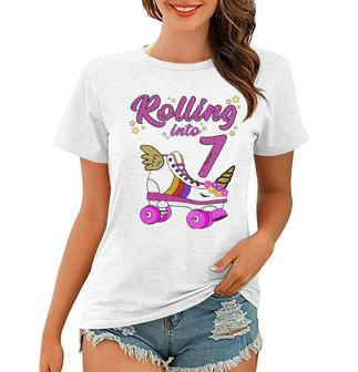 Rolling Into 7Th Birthday Unicorn Roller Skate Party Women T-shirt | Mazezy