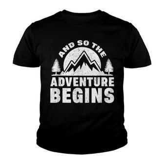 And So The Adventure Begins Hiking Camping Graphic Youth T-shirt - Thegiftio UK