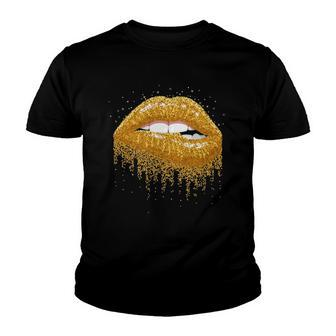 Cool Lips Bite Kiss Me -Gold Sparkle- Sexy Lips Gift Youth T-shirt | Mazezy